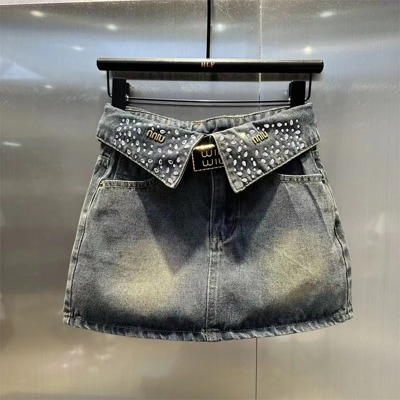 Jeans Diseñador de ropa para mujer V con incrustaciones de diamantes Falda de mezclilla de talle alto que abraza la cadera Panta