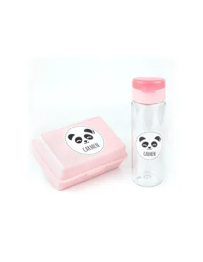 Pack Botella 600ml + Cajita Porta Alimentos Panda Rosa personalizadas de Mi Pipo