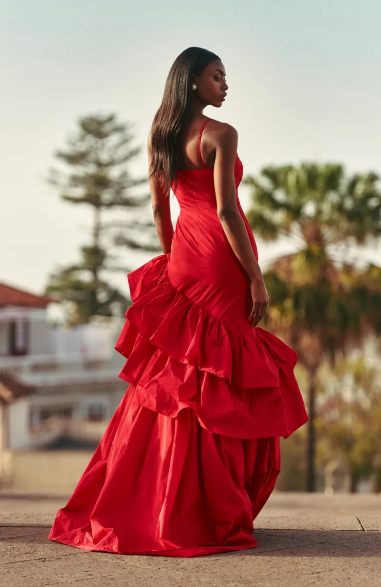 Vestido edición especial tafetán rojo volantes La Concepción 